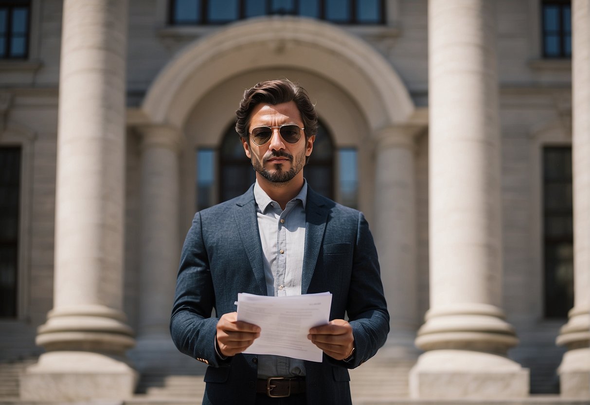 A person standing in front of a courthouse, holding a legal document and looking determined. The building is imposing, with columns and a grand entrance