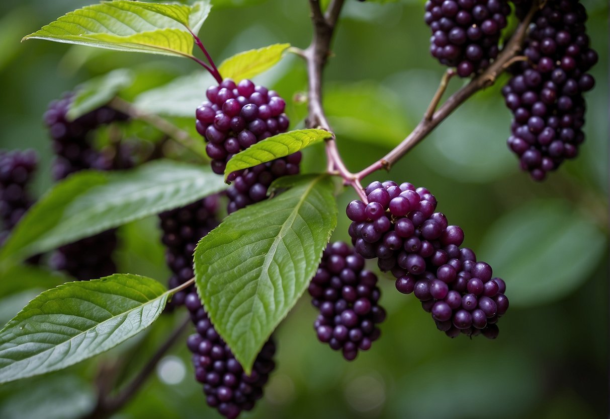 A close-up of beautyberry branches with distinctive clusters of bright purple berries, set against a backdrop of lush green leaves