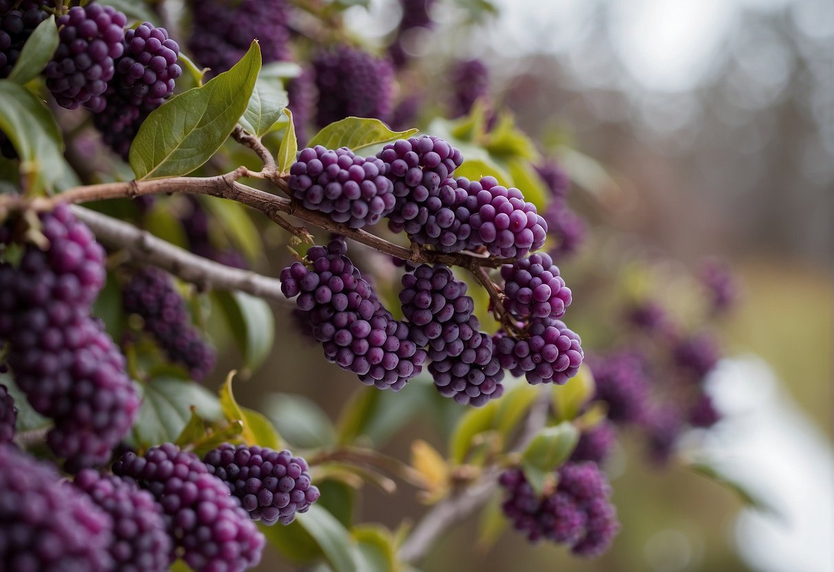 Lush beautyberry bush being pruned in late winter, with sharp shears and a pile of cut branches nearby