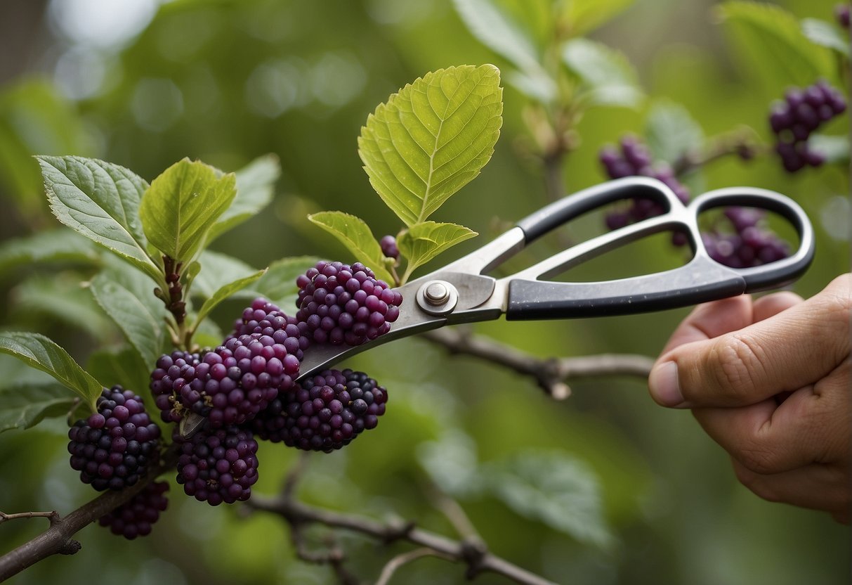 Beautyberry bush being pruned in a garden setting, with a pair of gardening shears and a pile of trimmed branches nearby