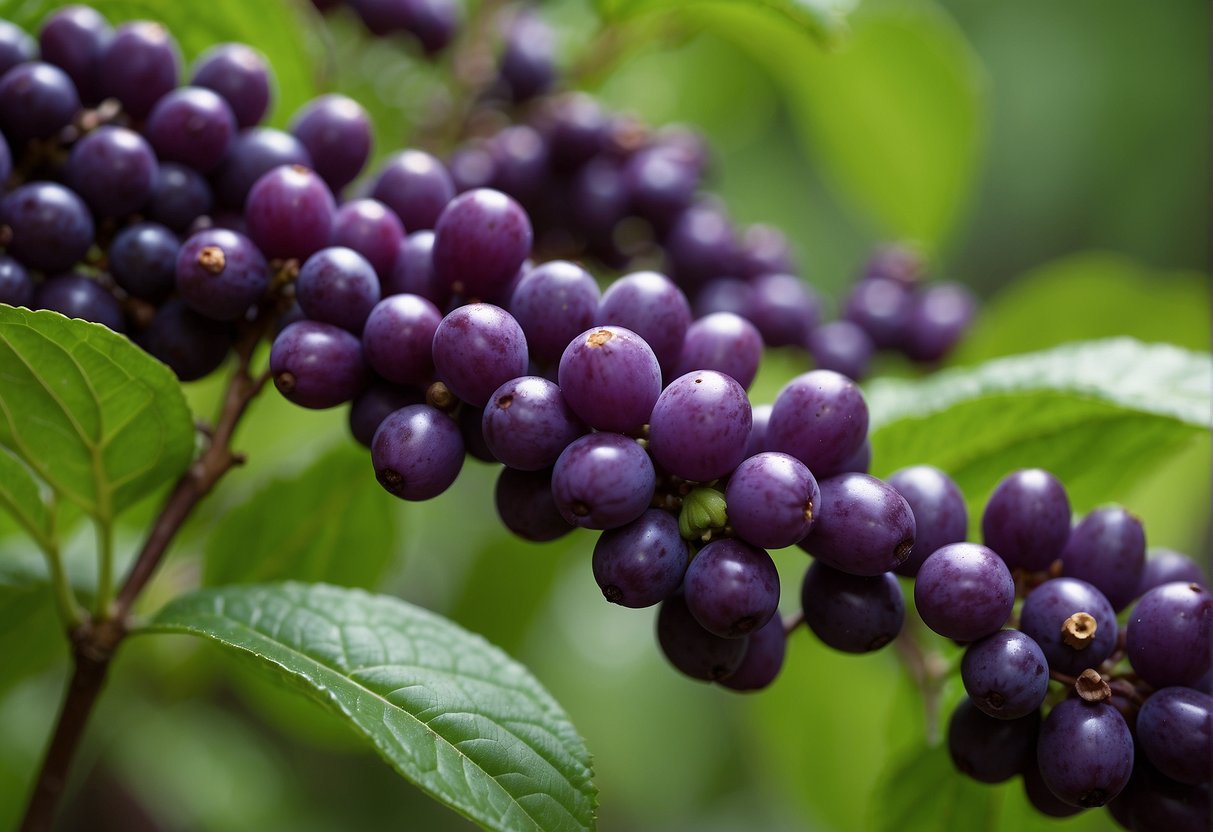 A cluster of American beautyberry grows in a woodland clearing, its vibrant purple berries standing out against the green foliage