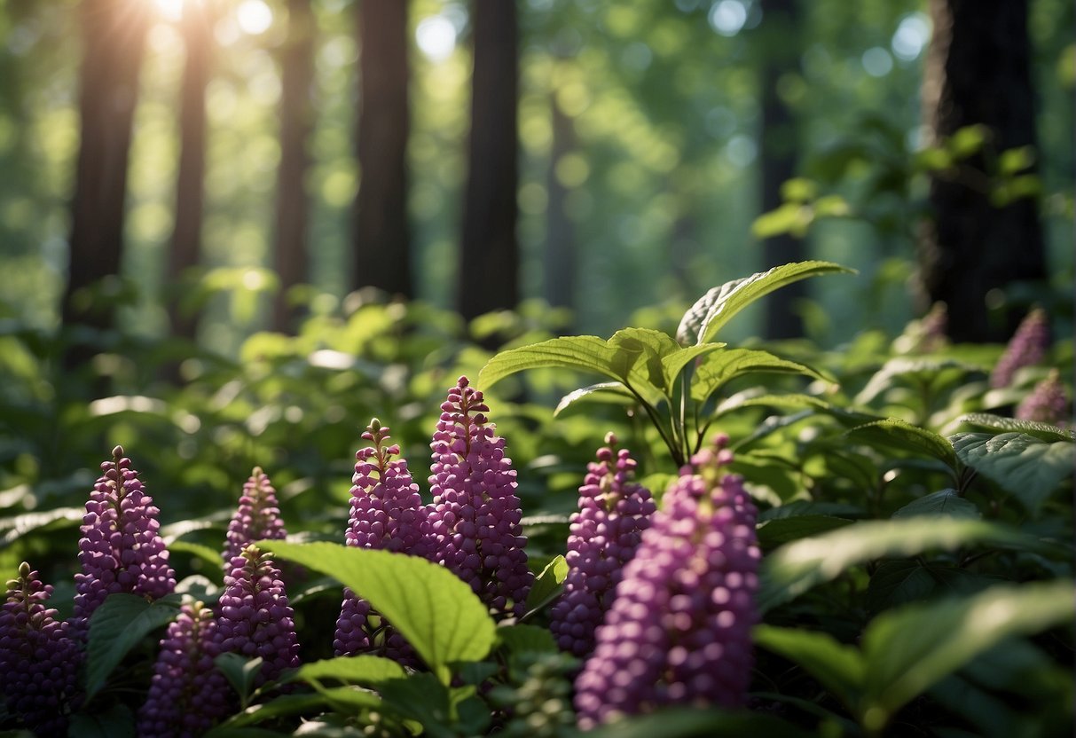 A lush forest floor with vibrant purple beautyberry bushes, native to North America, surrounded by tall trees and dappled sunlight