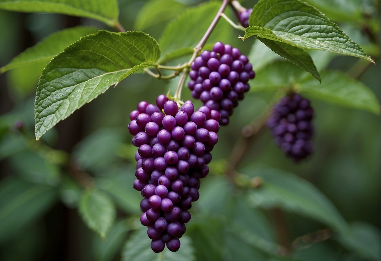 A vibrant beautyberry bush thrives in a North American forest, its delicate purple berries dangling from the branches, attracting birds and wildlife