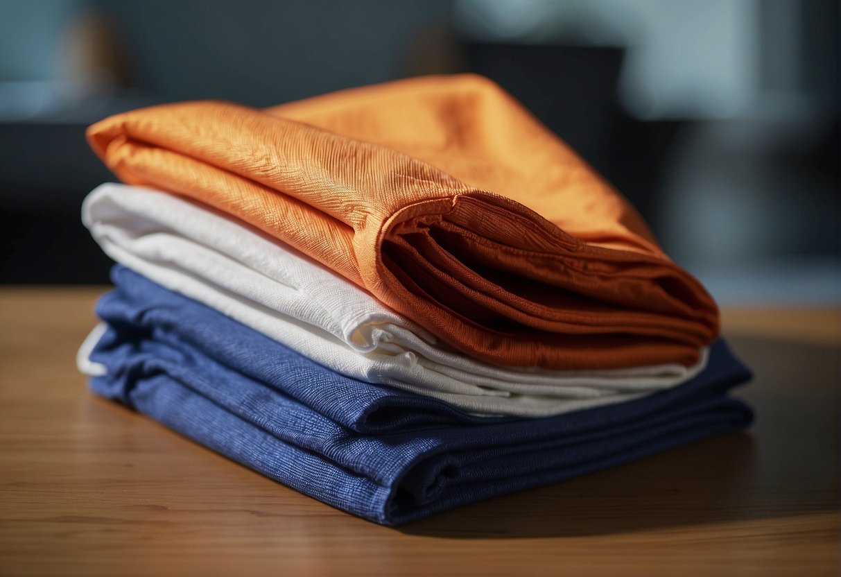 A pair of basketball shorts being folded neatly in half, then folded in half again, and finally folded into thirds, creating a compact and tidy bundle