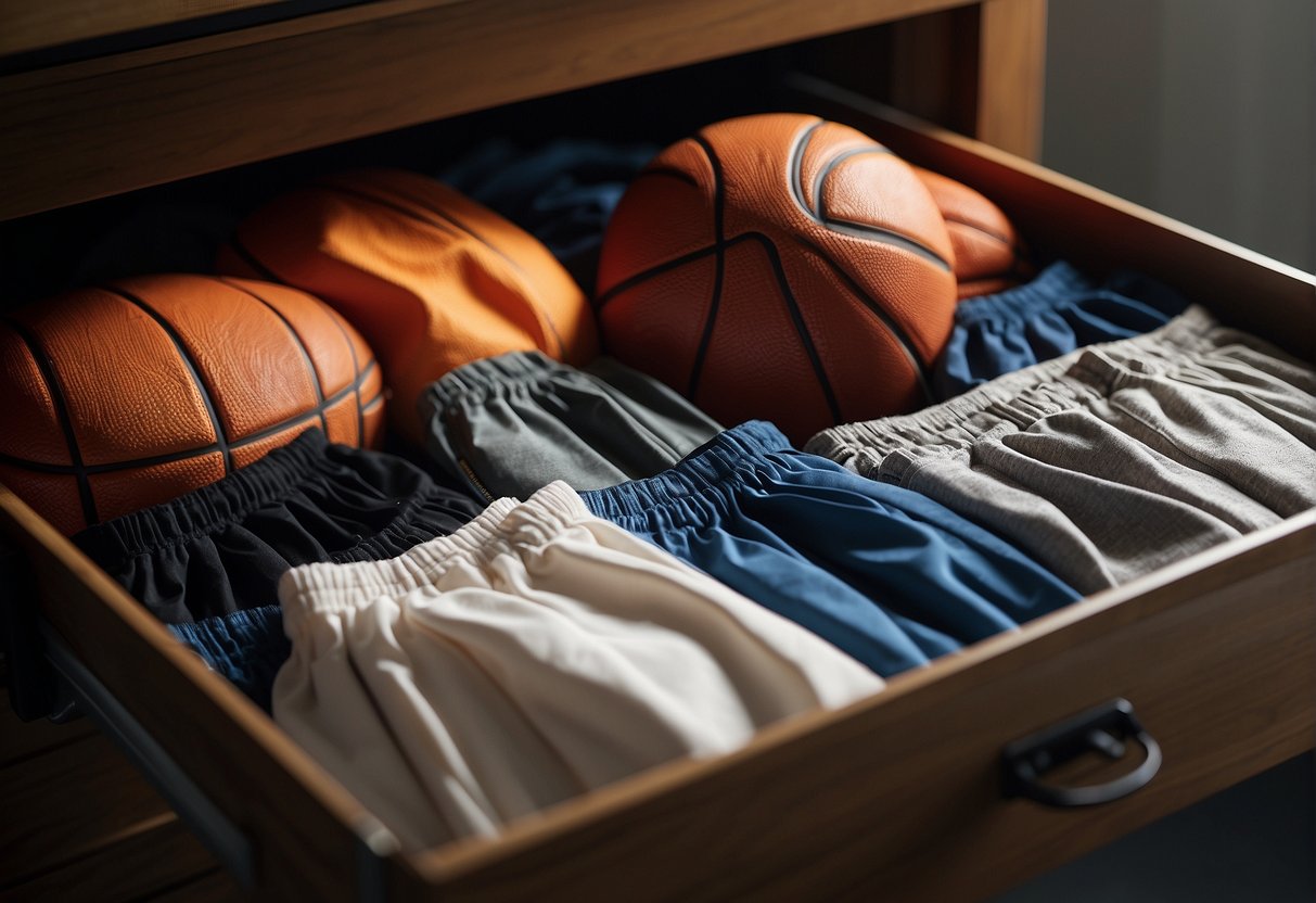 Folded basketball shorts placed neatly in a drawer, with the waistband visible and the legs folded evenly