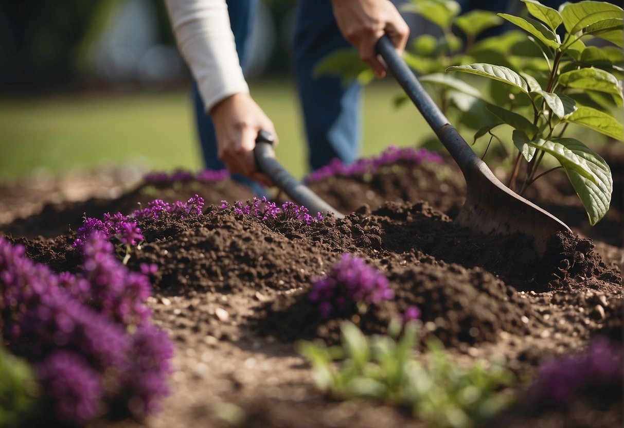 A mature beautyberry bush being carefully dug up and transplanted into a new location in a garden