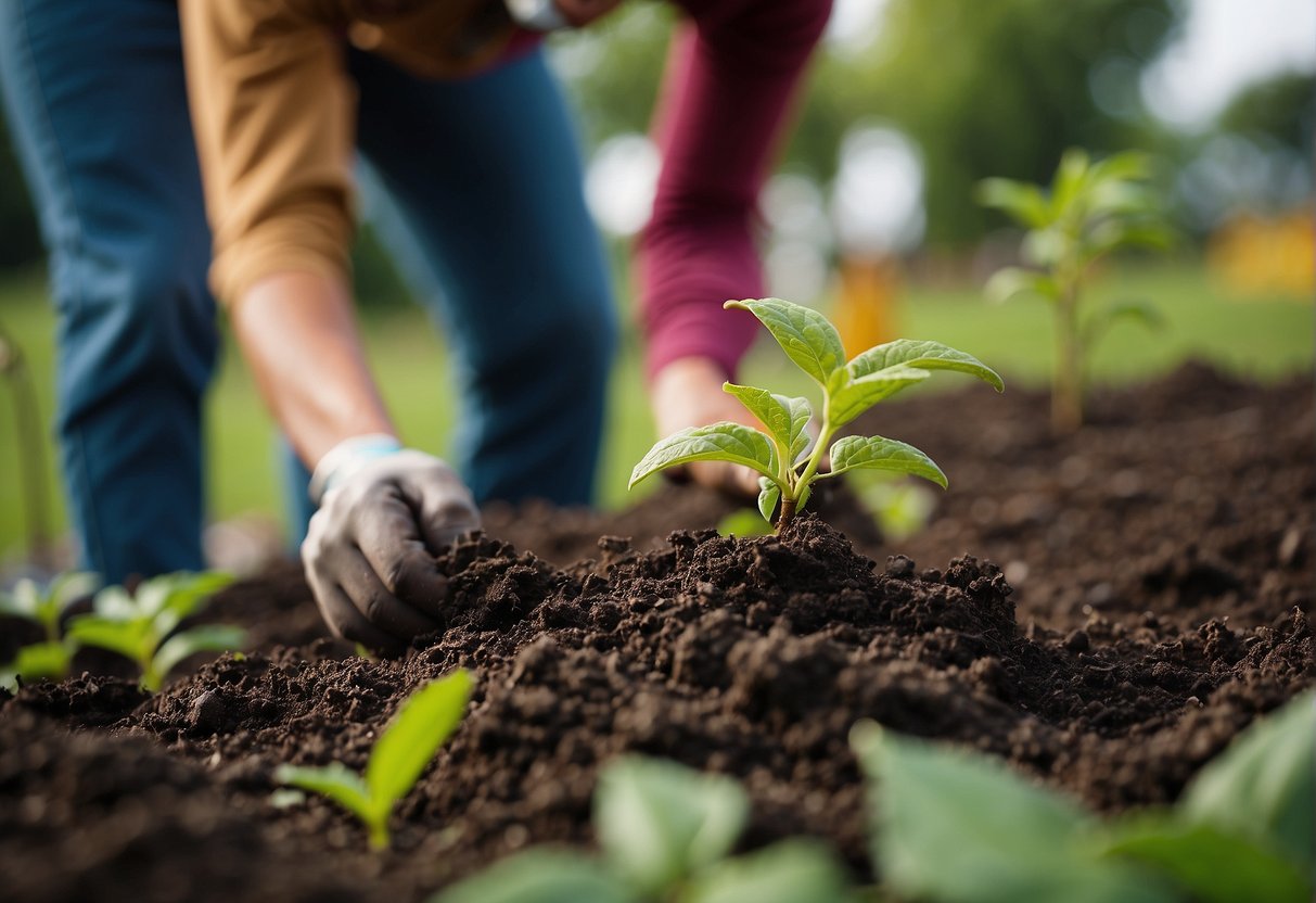 A gardener carefully uproots a beautyberry plant from its original location and gently places it into a new hole in the ground, ensuring that the roots are covered with soil