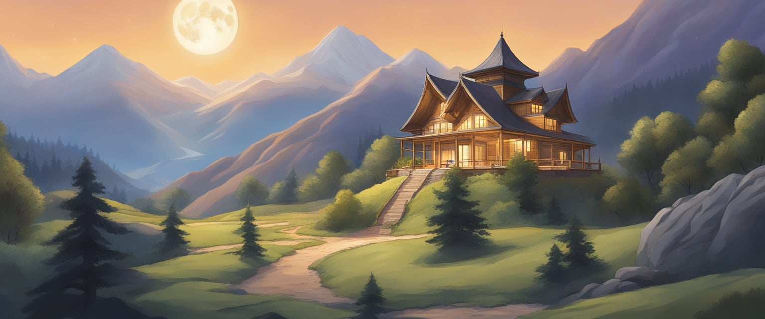 The moon hovers above a mountainous landscape, casting a soft glow over the terrain. The 10th house is illuminated, symbolizing emotional depth and introspection