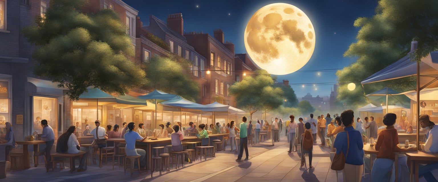 The moon shines brightly in the 10th house, casting a soft glow over a bustling cityscape. People are gathered in public spaces, engaging in lively conversations and social activities. The atmosphere is vibrant and energetic, with a sense of community and connection