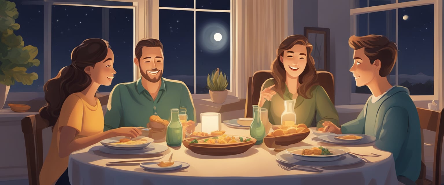 A family gathered around a dinner table, engaging in deep conversation. The moon shines brightly through a window, casting a soft glow on their faces, symbolizing the importance of emotional connections and nurturing relationships in the home