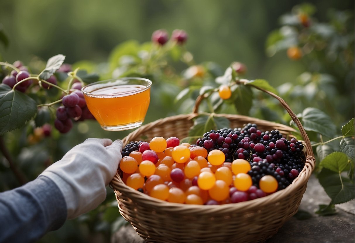 A person picking ripe American beautyberries from a bush, with a basket of berries nearby and a pot of boiling jelly on a stove
