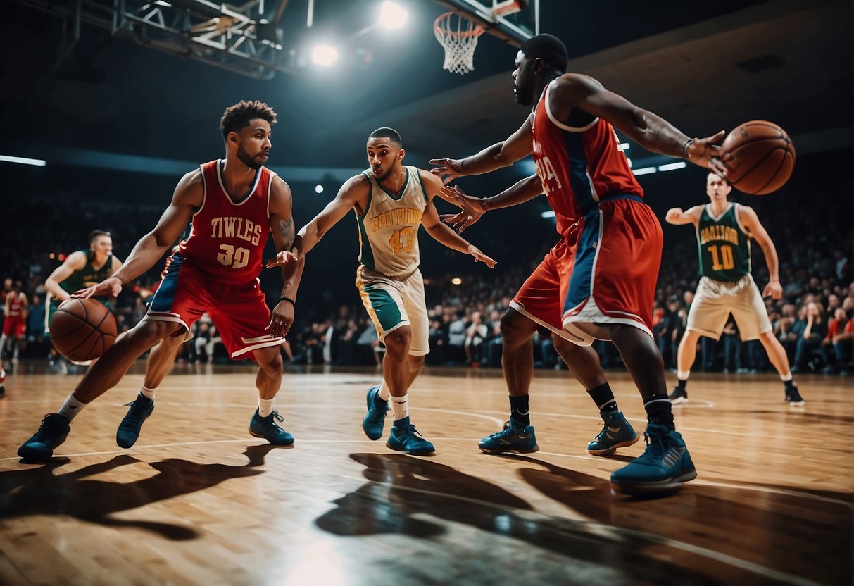 Players dribble, shoot, and defend to eliminate opponents in a fast-paced game of knockout basketball. The last player standing wins