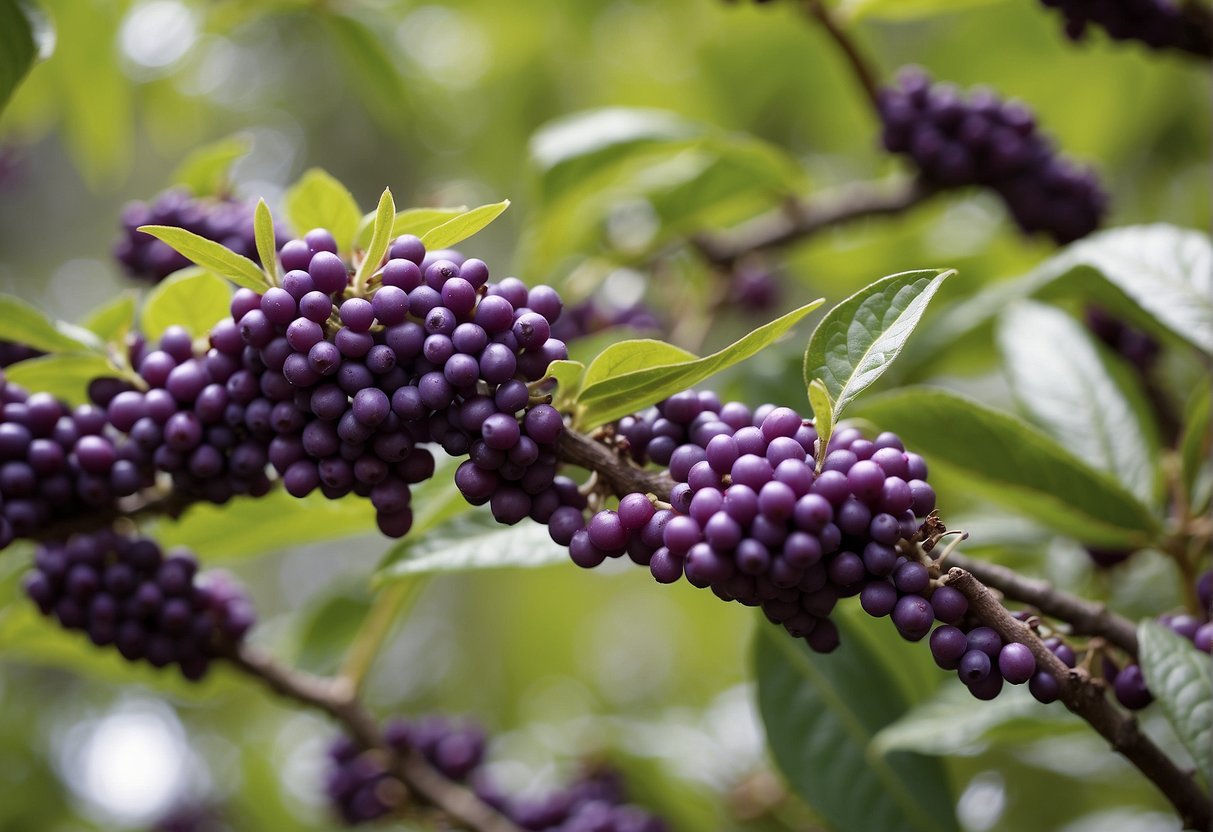 A vibrant American beautyberry plant stands in a garden center, surrounded by other native plants. Bright purple berries adorn the branches, drawing in potential buyers