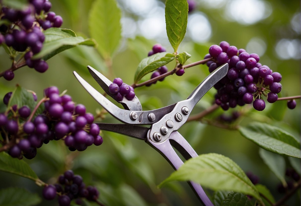 A pair of pruning shears cutting back a purple beautyberry bush in a garden