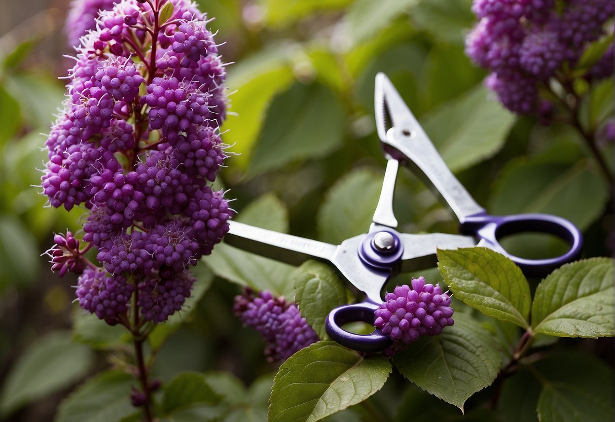 A pair of gardening shears hovers near a vibrant purple beautyberry bush, surrounded by a cluster of curious onlookers. A sign nearby reads "Frequently Asked Questions: When to prune beautyberry bush."
