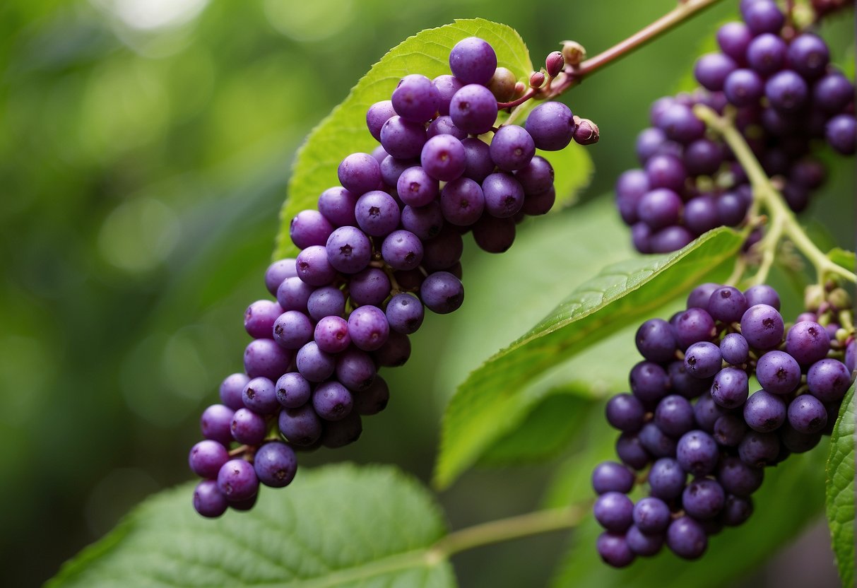 American beautyberry grows in clusters along the branches of deciduous shrubs in the southeastern United States. The bright purple berries stand out against the green foliage
