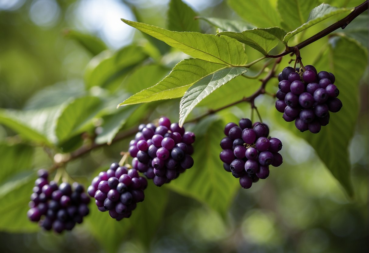 American beautyberry grows in dense, woody thickets in the southeastern United States. The vibrant purple berries cluster along the arching branches, surrounded by lush green foliage