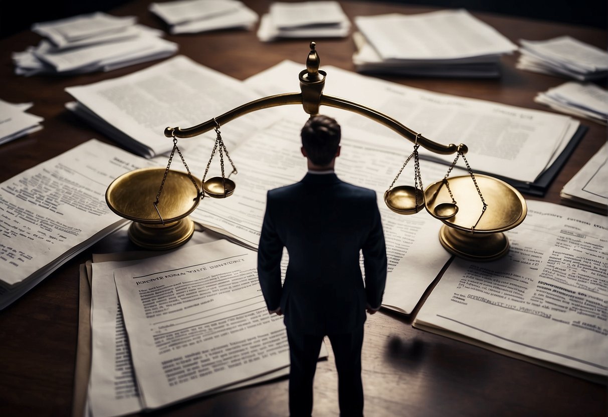 A person standing between two opposing figures, representing insurers and defendants. The person is surrounded by legal documents and scales of justice, symbolizing the complexity of navigating legal rights as an injured individual