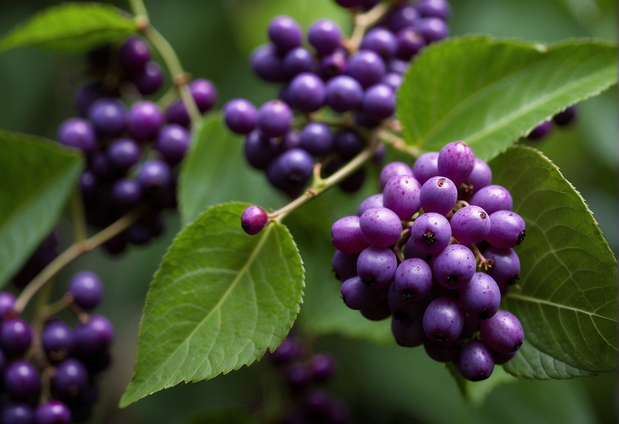 A lush, 6-foot-tall beautyberry bush stands in a dappled forest clearing, its slender branches laden with clusters of vibrant purple berries