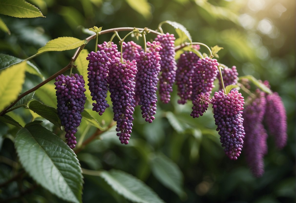 A lush garden with towering beautyberry bushes in full bloom