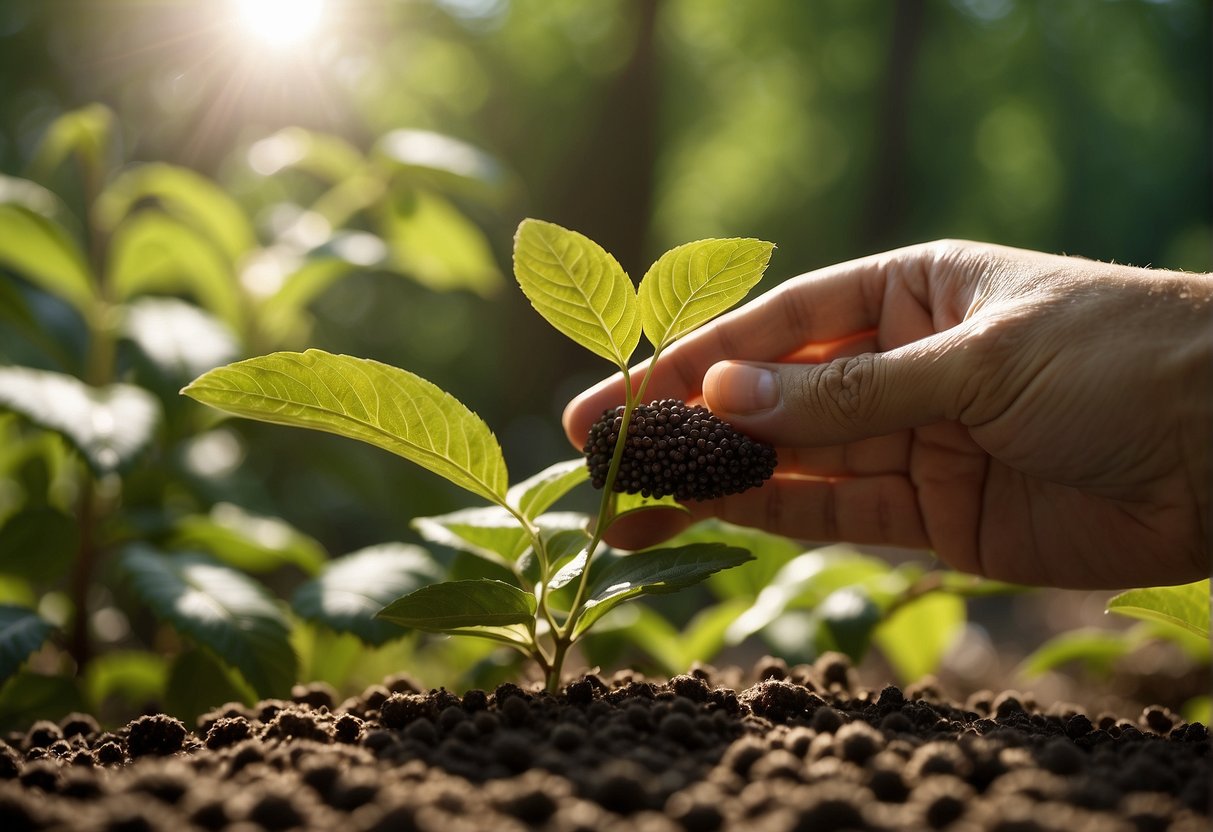 A hand planting American beautyberry seeds in fertile soil, surrounded by lush green foliage and dappled sunlight filtering through the trees