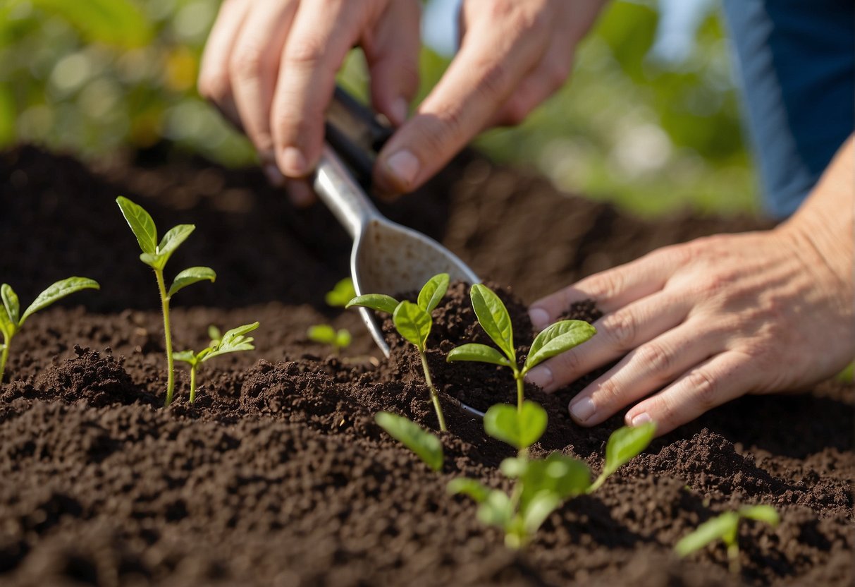American beautyberry seeds being planted in rich soil, with a gardener carefully covering them and watering the area. A packet of seeds and gardening tools are nearby