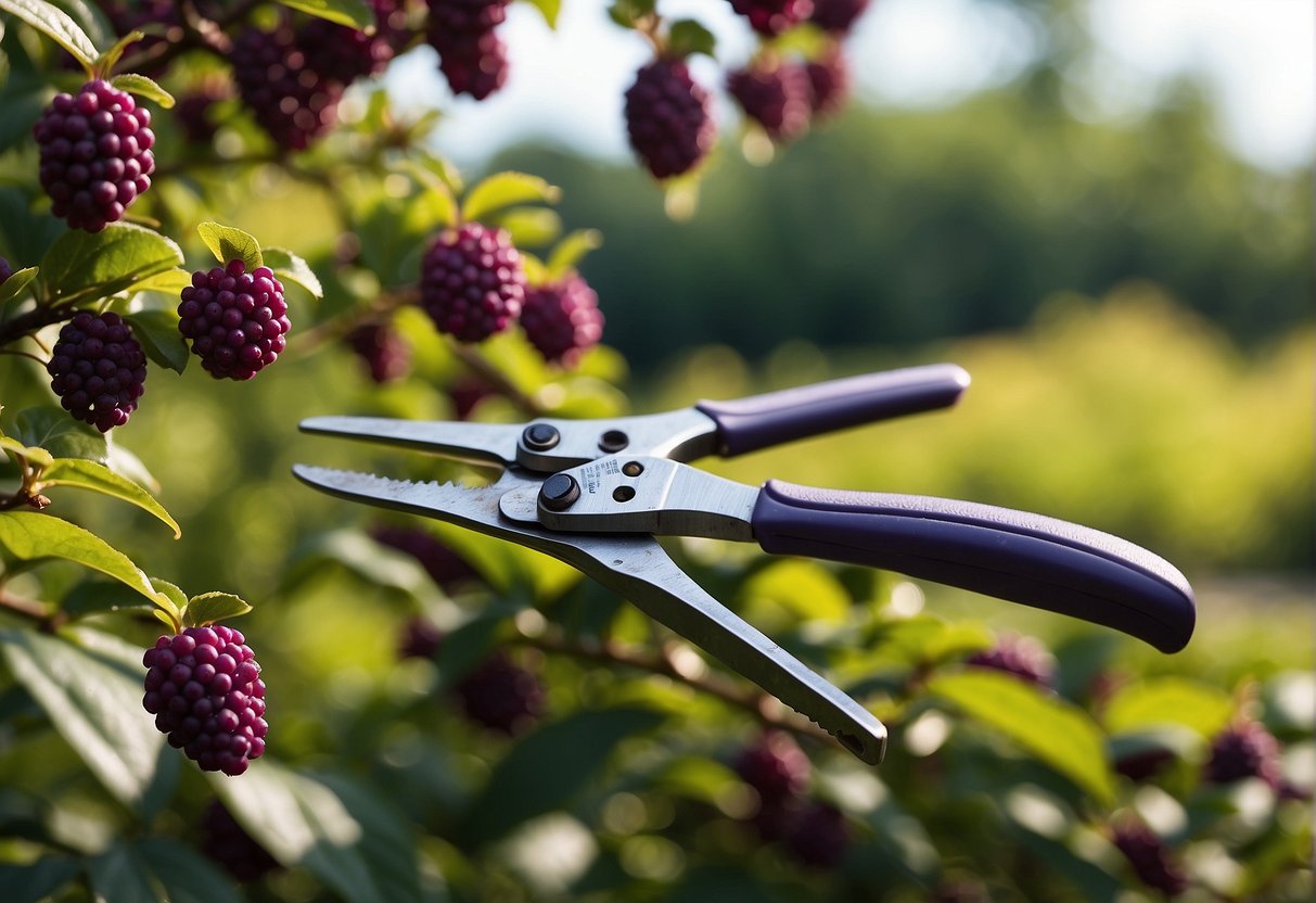 A pair of pruning shears cutting back a beautyberry bush in a garden setting