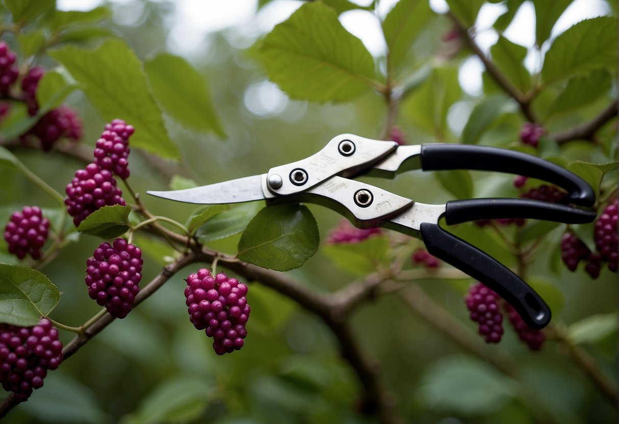 A pair of pruning shears cuts through the overgrown branches of a beautyberry bush, shaping it into a neat and tidy form