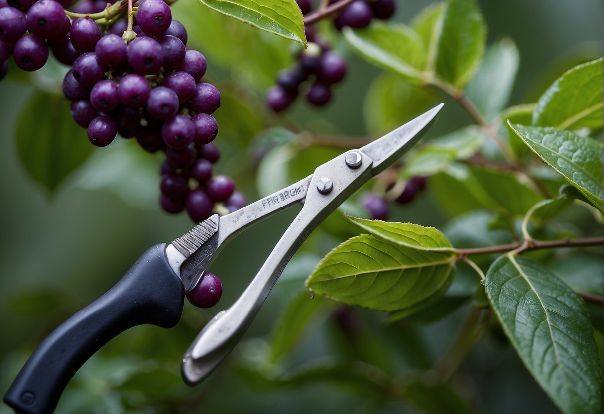 Pruning shears cutting beautyberry branches, with a pile of trimmed foliage nearby