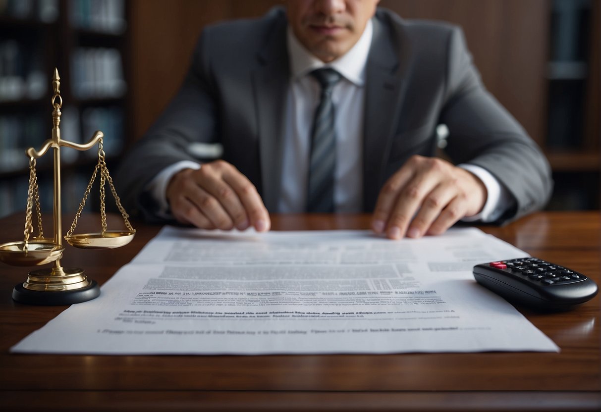 A lawyer reviewing legal documents on a desk, with a scale symbolizing justice and a calculator symbolizing compensation