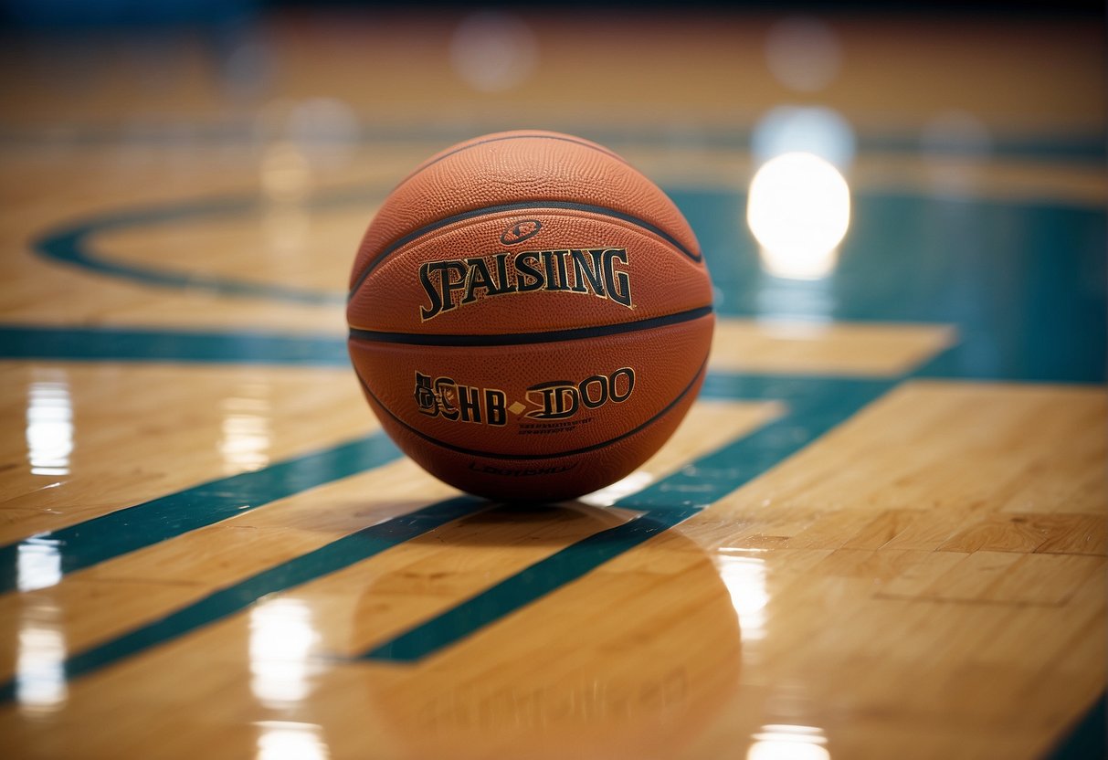 A basketball sitting on the court next to a measuring tape, with a reflection of the hoop in the shiny surface