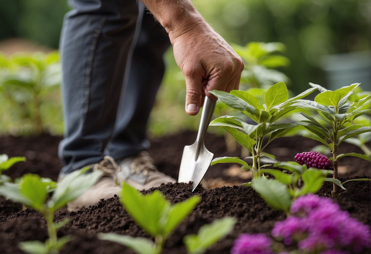 A hand trowel digs into soil around a vibrant beautyberry bush. A gardener carefully removes a stem, readying it for propagation