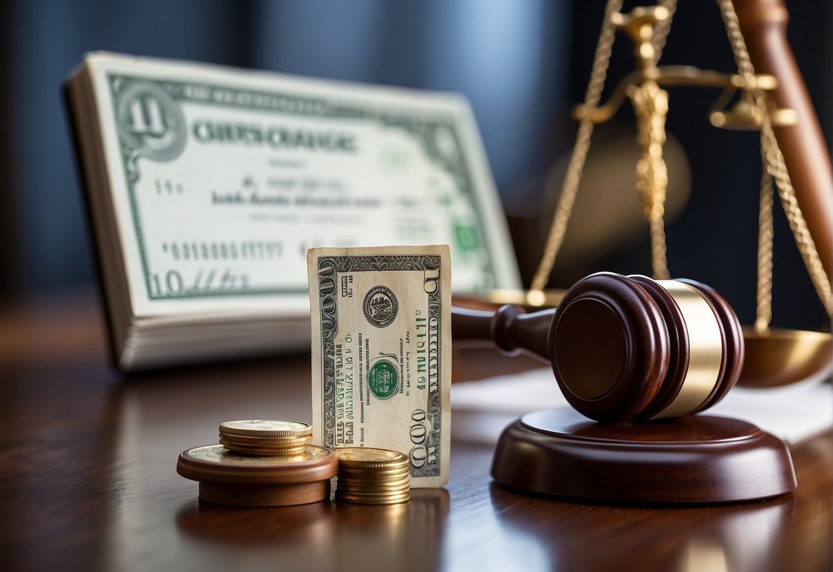 A person receiving a check from an insurance company. A scale representing compensation. Legal documents and a gavel symbolizing justice