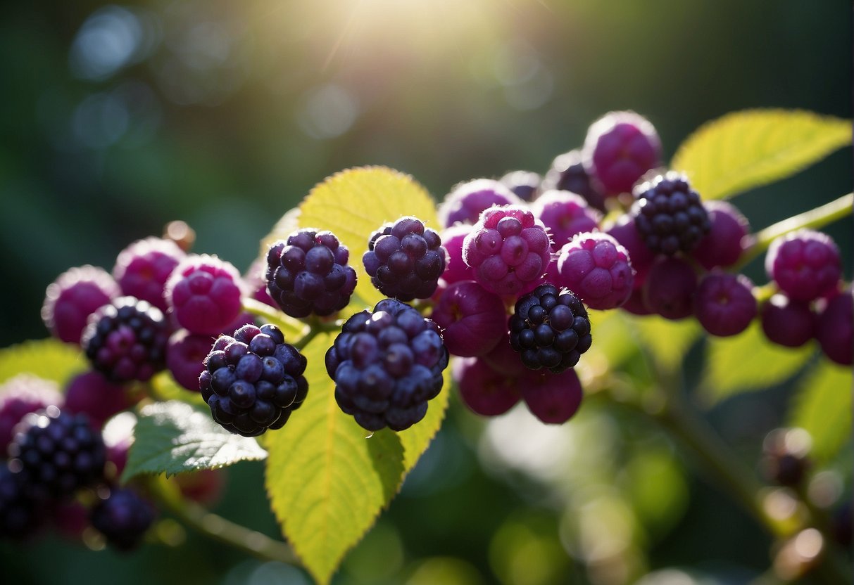 The beautyberry bush stands tall, its vibrant purple berries glistening in the sunlight. A variety of wildlife surrounds it, drawn to its ornamental value