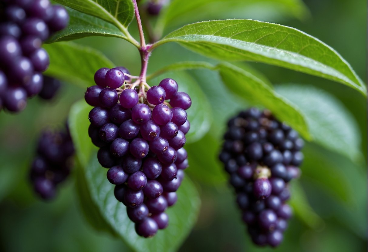 A beautyberry bush stands in a lush garden, its vibrant purple berries hanging in clusters among the green leaves