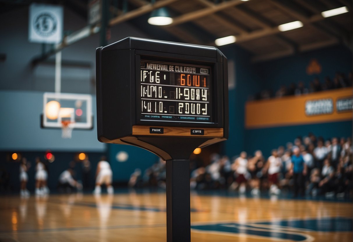 A basketball court with a visible shot clock above the backboard, showing 35 seconds. The game clock displays 7 minutes remaining in the first quarter