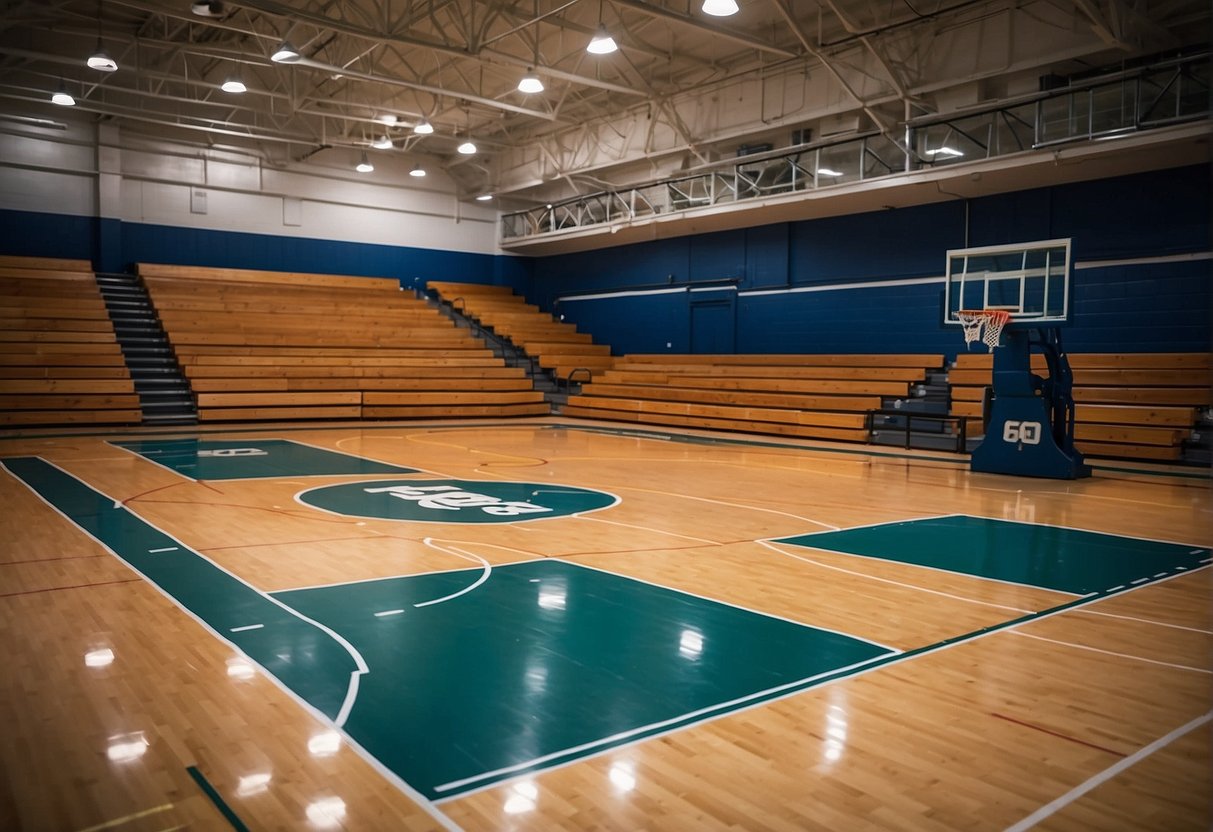 A high school basketball court measures 84 feet in length and 50 feet in width. The free-throw line is 15 feet from the backboard, and the three-point line is 19 feet 9 inches from the basket