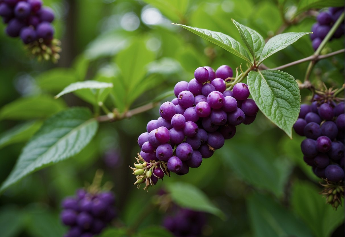 A lush garden with a towering beautyberry bush, its branches heavy with vibrant purple berries, standing against a backdrop of green foliage