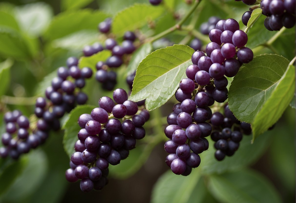 Beautyberry bushes can grow up to 6 feet tall and wide. The leaves are oval-shaped and arranged in opposite pairs along the stem. The small, clustered purple berries are a distinctive feature of the plant