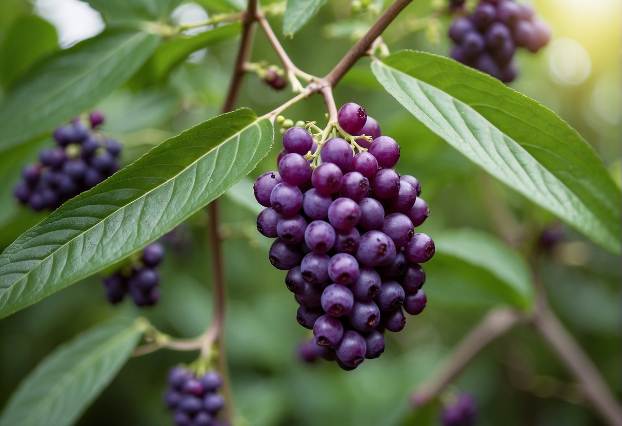 Lush beautyberry bushes reach 4-6 feet in height, with delicate pink or purple berries clustered along the branches. Leaves are vibrant green