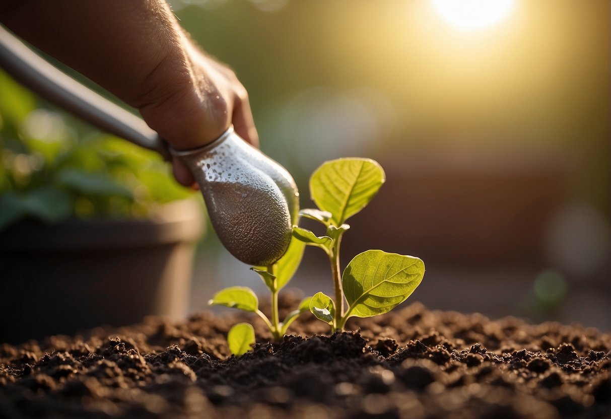 A gardener plants beautyberry seeds in rich soil, watering them gently under the warm sunlight