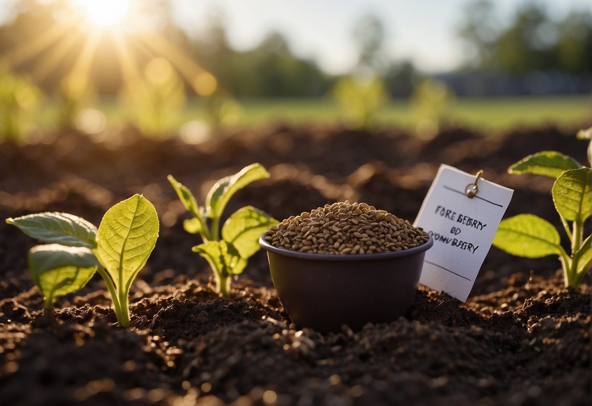 Beautyberry seeds being planted in rich soil, labeled with a "Frequently Asked Questions" sign. Sunlight streams in through a nearby window, casting a warm glow over the scene