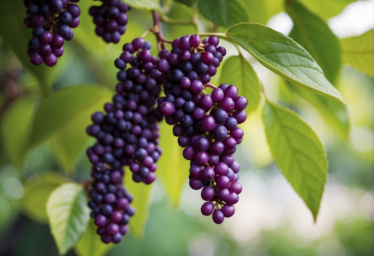 Tall beautyberry bushes stand at varying heights, with vibrant purple berries clustered along the arching branches