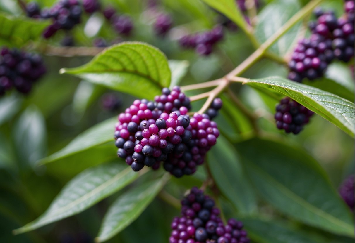 A cluster of beautyberry bushes, standing at varying heights, with vibrant purple berries peeking out from between the leaves