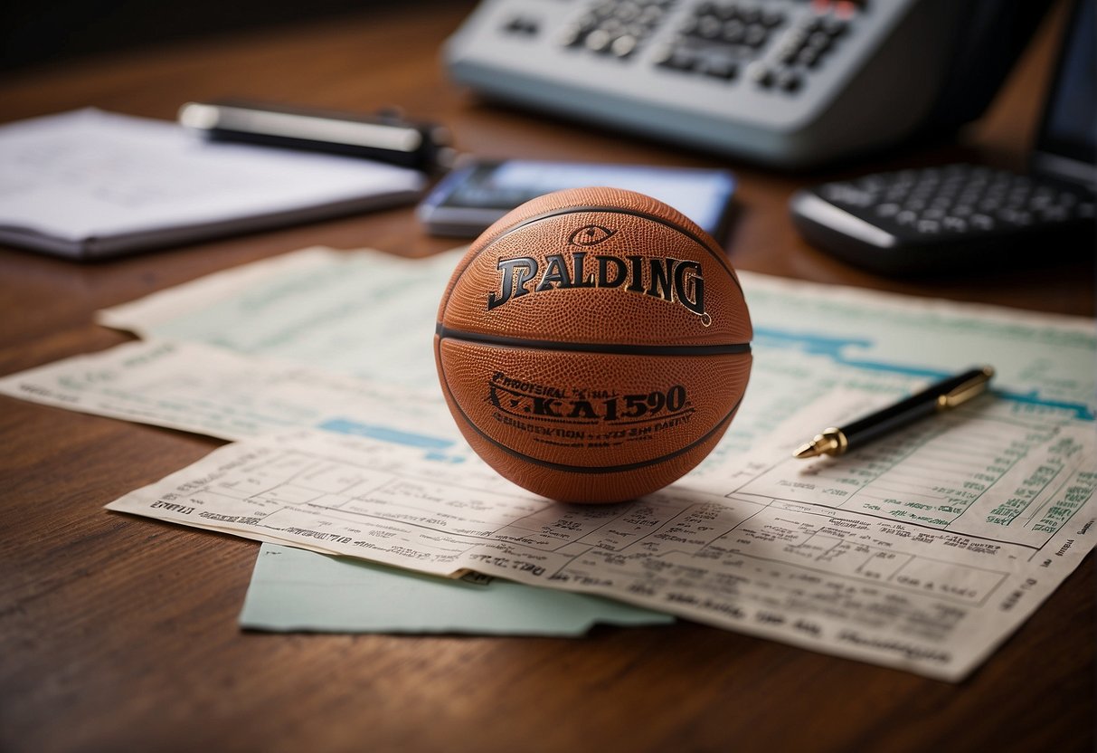 A basketball resting on a dime with a ruler and a chart of stats and performance analysis in the background