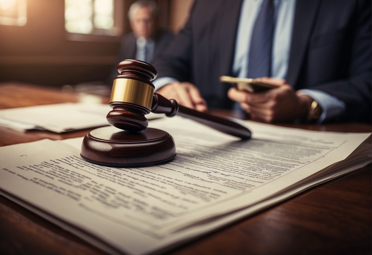 A courtroom scene with a judge, lawyers, and a plaintiff seeking compensation for personal injury. Charts and evidence are presented to support the claim