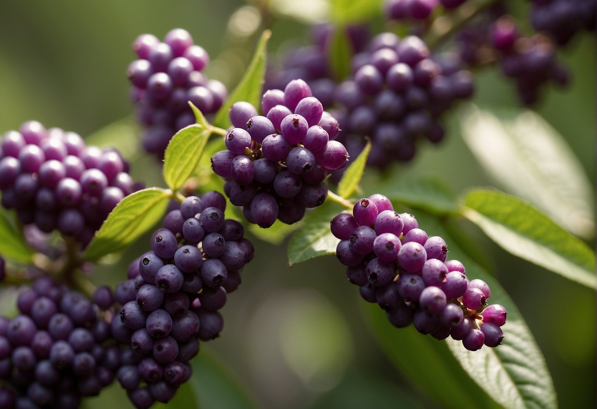 The beautyberry bush stands tall, its vibrant purple berries glistening in the sunlight. A sweet, floral fragrance wafts through the air, emanating from the clusters of tiny blossoms