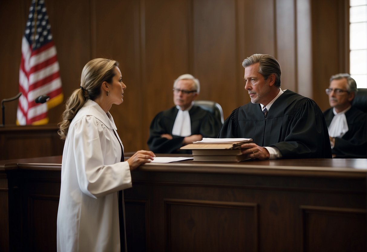 A courtroom with a judge presiding over a personal injury lawsuit. Plaintiff and defendant present with lawyers. Visual evidence of medical bills, lost wages, and emotional distress