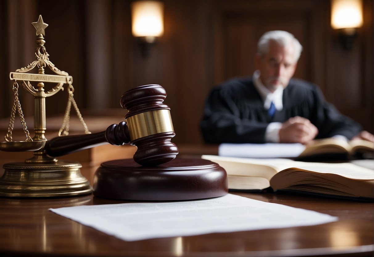 A courtroom scene with a judge, lawyers, and a plaintiff seeking damages for personal injury. Documents and evidence are presented