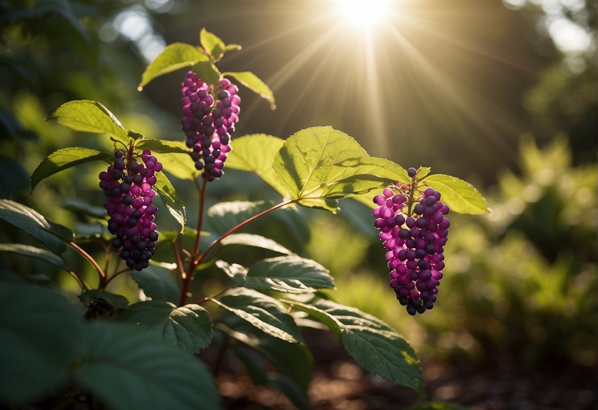 Bright sunlight filters through the canopy, illuminating the moist, well-drained soil. A beautyberry bush stands tall, surrounded by native plants and shrubs, thriving in its optimal planting conditions